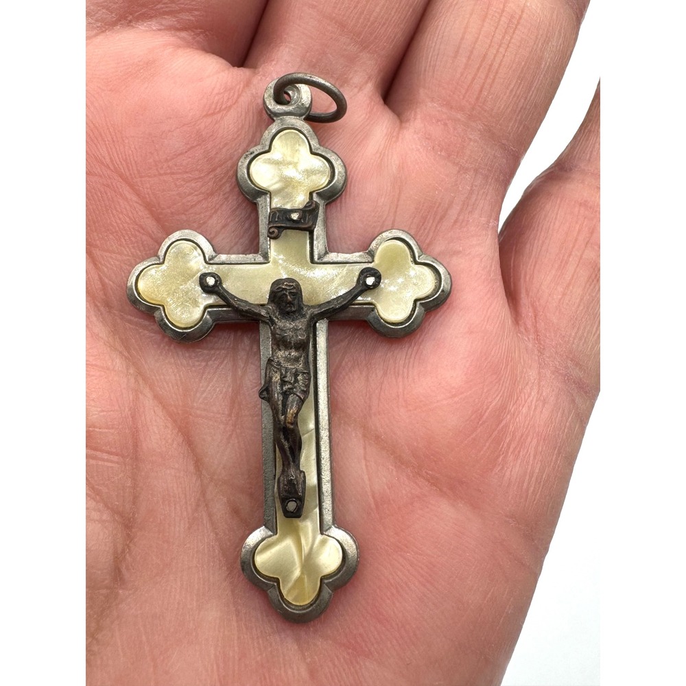 Vintage Germany Silver Tone Celluloid Inlay Crucifix Pendant Religious Cross